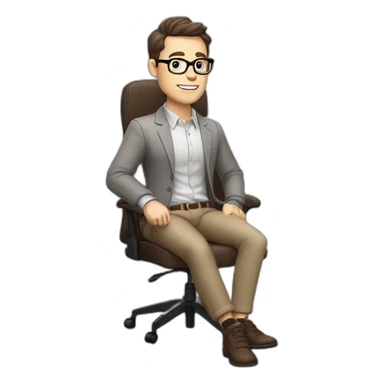 😝 Pale skinned Fit Man With dark brown hair in gray jacket, beige office shirt, Brown pants and vintage glasses sitting In a soft chair with a notebook and a pen sticker