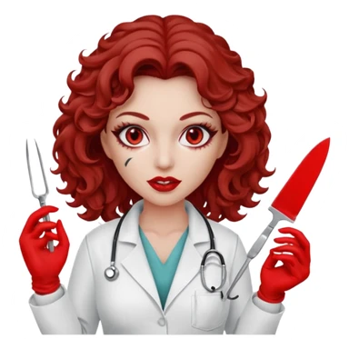 Scary woman scalpel in hand, evil surgeon sexy surgeon clothes.  She has red eyes. Her  brown long curly hair. Wears sexy doctor outfit with red gloves. make her hair free and brown but she  wear mouth cover   to hide. Wears white surgeon jacket and sticker