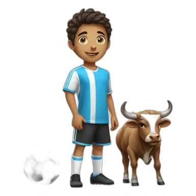 Arab boy playing soccer, a bull stand beside him sticker