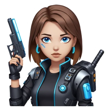 Neon cyberpunk style 
girl with brown hair and blue eyes 
shoots sticker