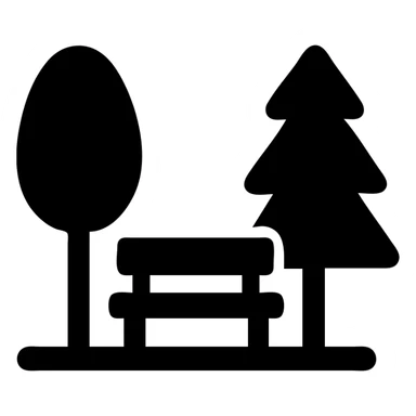 stylized trees and bench park icon, solid black fill, minimalist silhouette sticker