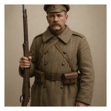 realistic style soldier of the Russian Army of World War I, greatcoat, rifle, forage cap, neutral background sticker