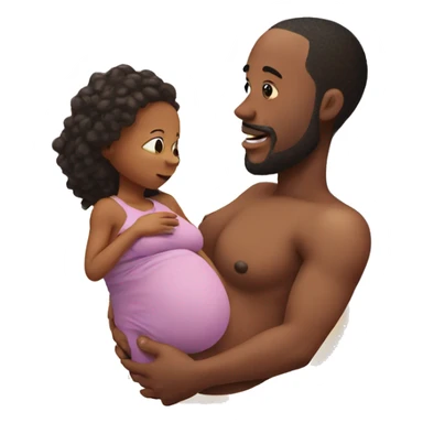 Pregnant man with a huge womb holding a toddler playing with his belly sticker