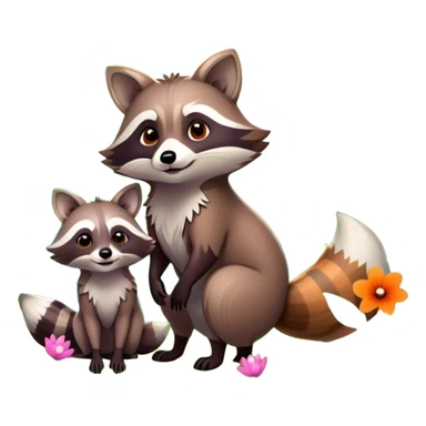 raccoon and a fox among a colorful forest with vibrant green trees, bushes and flowers. The animals are in the foreground, surrounded by a lush, bright forest, with soft sunlight filtering through the leaves. A playful and wild scene with a transparent background. sticker