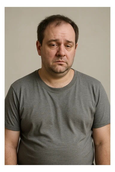 Un uomo caucasico di 35-45 anni, in CGI fotorealistico, che mostra i segni fisici ed emotivi di un basso livello di testosterone. sticker