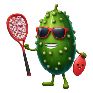 pickle holding a solid red paddle ball racket, blue backgound, wearing sunglasses sticker