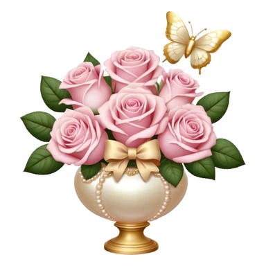 Realistic aesthetic bouquet of roses. Three white and three light pink in a pearl vase and a beige bow with gold decoration and a butterfly with gold and beige wings sticker