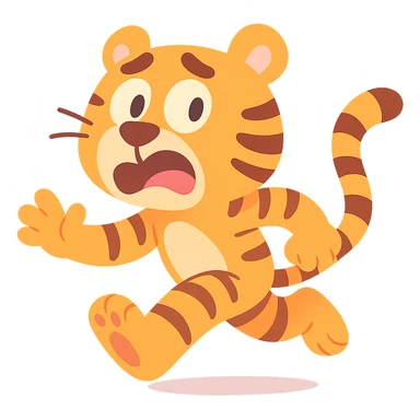 cartoonish tiger running away, looking scared, pastel toon style sticker