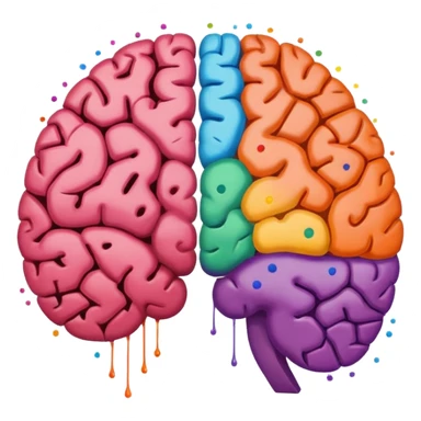 Un cerebro dividido a la mitad; el lado izquierdo está formado por puntos y ceros (0101), y el lado derecho por manchas de pintura de colores vibrantes. sticker