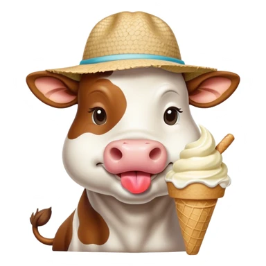 Cow licking ice cream with a beach hat sticker