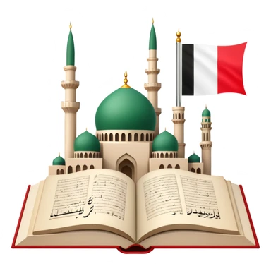 An icon featuring the mosque and the flag of United Arab Emirates, symbolizing the Arabic language. The design includes an open book with Arabic script and calligraphy, representing language learning and cultural heritage. Transparent background sticker