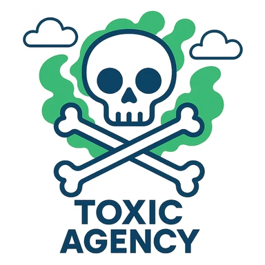 logo for 'Toxic Agency', skull and crossbones motif, bold lettering, green smoke accents, strong and impactful sticker