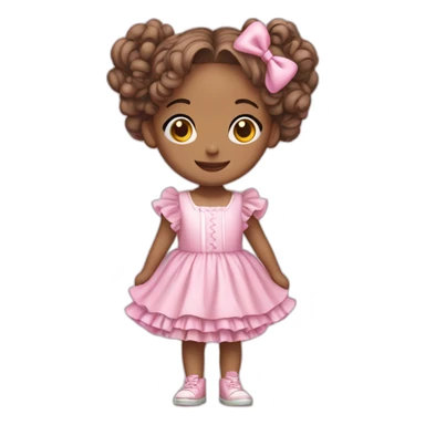 full body of a white smiling  girl in pink frilly dress with ruffles and bow, pink hair, long pigtails sticker