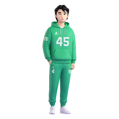 Draw Seong Gi-hun (Player 456), Korean male, messy black hair, green tracksuit with white number 456 printed on chest. sticker