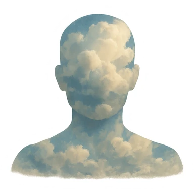 front-facing person from shoulders up, composed entirely of photo clouds inside, clouds styled like the reference sticker