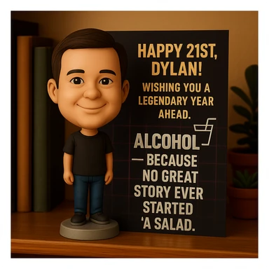 Add a birthday message: 'Happy 21st, Dylan! Wishing you a legendary year ahead.' Keep Dylan as a bobblehead character, minimal neon grid background, one drink icon, bold chrome text for the quote, and maintain the clean, balanced layout in the bobblehead style sticker