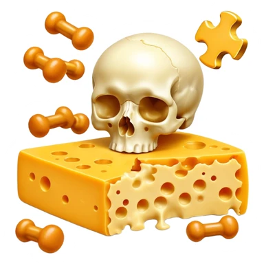 Ethereal vitamin K2 appearing as a golden key floating among pieces of aged cheese, egg yolk, and fermented natto. The key directs glowing calcium particles toward a single bone with a bright golden deposition point, illustrating K2's targeted calcium-directing function. sticker