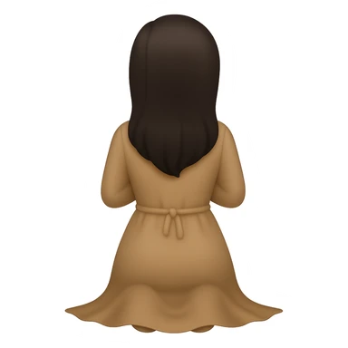 Edit the image to show a woman kneeling and praying from the back view, wearing a long tan dress and having dark brown hair. The style should resemble emoji style. Remove the background completely. sticker