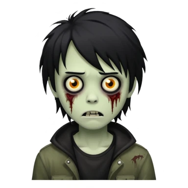 boy zombie with black medium-long emo shaggy hair, dark and spooky, creepy expression, cartoonish sticker