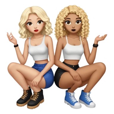 Full body of two teenage girls sitting together, one white with straight blonde hair and one brown-skinned with curly black hair, both with heavy makeup, big lips, crop tops and choni style clothing sticker