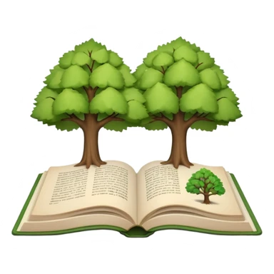 A 3D cartoon open book showing illustrations of two trees—one green and one dry—clean background, soft shadows, realistic Memoji-style look. sticker
