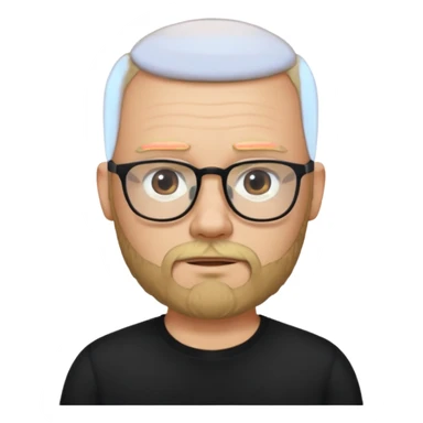 bearded blonde bald man with eyeglasses with black shirt sticker