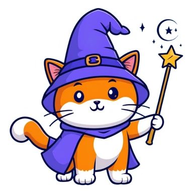 orange cat wearing wizard hat with magic wand sticker