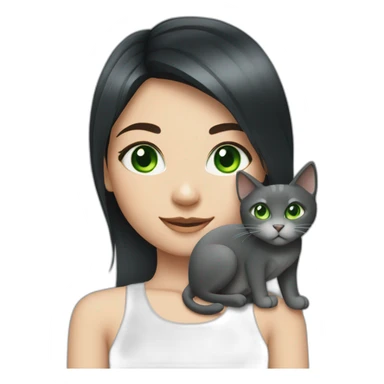 Girl has got black hair and green eyes with gray cat sticker