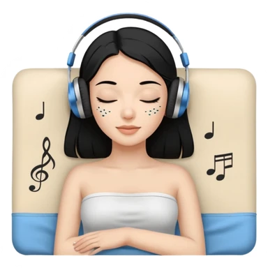 A stylized young woman with black hair lying on a massage table, relaxed, wearing headphones, small musical notes around the head. Flat vector style, thick black outline, simple palette (warm beige-brown tones + accent blue), clean background, high legibility at small size. 72x72, square, vector. sticker