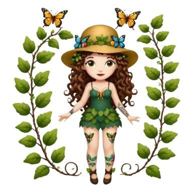 full body woman long curly brown hair brown eyes white skin tattoos wearing butterfly hat and glowing vine stockings sticker