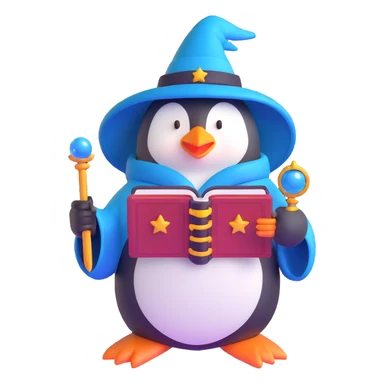 penguin wizard holding an open spellbook sticker