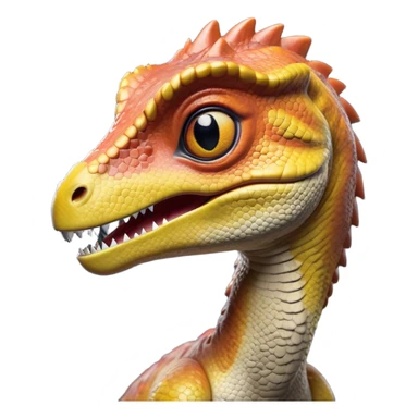 Cinematic Realistic Cute velociraptor/T-rex Portrait Emoji, Head tilted playfully and inquisitively, featuring a compact, slightly rounded build with intricately detailed, textured scales in natural hues and a surprisingly endearing face with bright, curious eyes, rendered with lifelike clarity and warm natural light, high shine, affectionate and quirky, styled with a touch of prehistoric whimsy, soft glowing outline, capturing the essence of a mischievous yet lovable velociraptor/T-rex that seems poised to stomp playfully into your arms! sticker