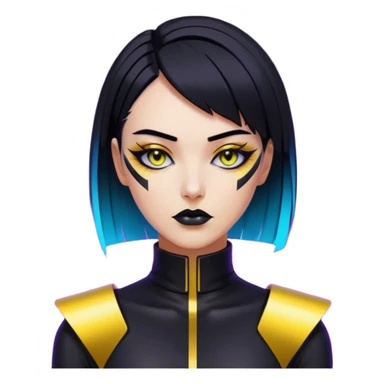 Cyberpunk woman, sleek black bob, gold neck cyberware, sharp eyeliner, neon lighting sticker