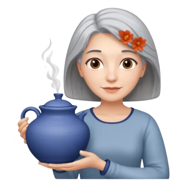 Woman with grey hair with ceramics sticker
