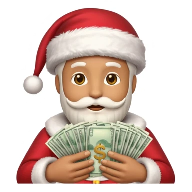 A confident rich emoji face wearing a Santa hat, money stacks, casino vibe, New Year theme, premium 3D emoji style, sharp details, no text, isolated on transparent background sticker