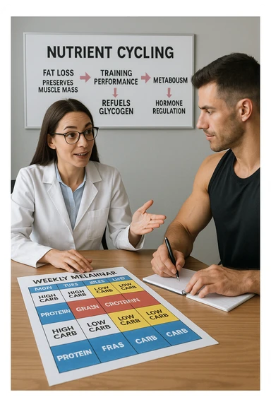 a nutritionist explains to an athlete how to cycle macronutrients for fat loss and training. On the desk, a weekly meal planner shows alternating high-carb and low-carb days, with color-coded sections for proteine, grassi, and carbo. The athlete takes notes, and a chart in the background illustrates the benefits of nutrient cycling. The mood is professional and educational. scritto in italiano sticker