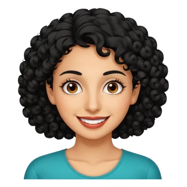 30 year old iranian woman very short curly black hair, big brown eyes, tanned skin, big smile, white teeth, pretty sticker