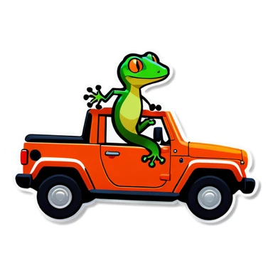 Gecko climbing on a orange jeep sticker