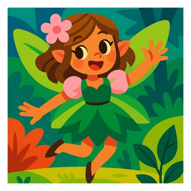 fairycore girl with brown, light pink, and green fairy clothes and wings, light brown hair, playful and colorful, vibrant toon style sticker