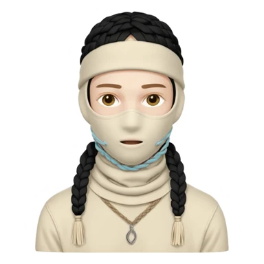 Ultra-detailed studio shot of a post-apocalyptic off-white balaclava — deconstructed, frayed, layered, with braided rope tassels and subtle embroidery. Minimalist white background, soft lighting, sharp focus. High-fashion streetwear aesthetic. The face of a person in a mask should not be visible sticker