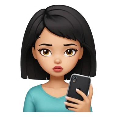 generate a pretty bratz girl with short black messuy hair, looking tired and using her phone sticker