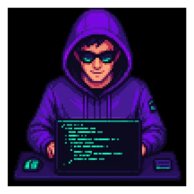 Make the pixel art hacker actively coding on a laptop, with glowing code on the screen, keep the pixel art style sticker