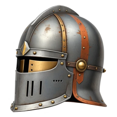 antique medieval knight helmet with light rust patches and weathered metal sticker