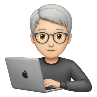 Make the hair gray or white, keep the emoji style of a young software engineer with a laptop and a tablet. sticker