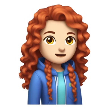 a white girl with long red curly hair, wearing periwinkle Minecraft hoodie playing a videogame sticker