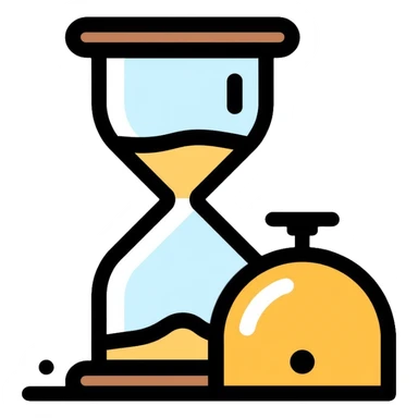 A small hourglass with just a little sand left at the bottom and a shining golden alarm bell next to it, representing a very short task sticker