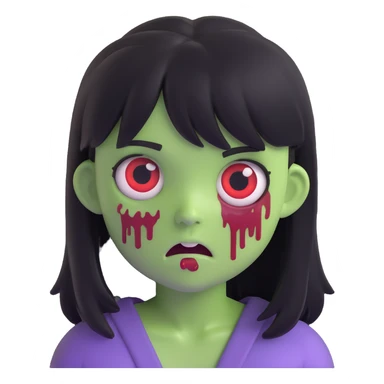 scary zombie girl emoji, medium long black hair with bangs, sunken eyes, scary expression sticker