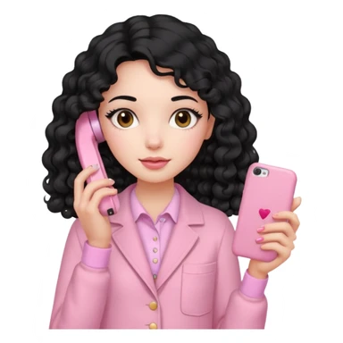 Girl with long curly black hair and vintage pastel pink clothing Holding a pink cell phone sticker
