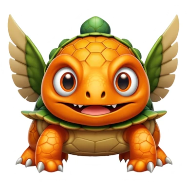 An orange creature with a lion face with fangs, alien googly eyes, claws, wings, with white dots, and a turtle shell. it looks strong. sticker