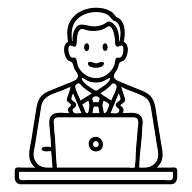 A 35-year-old male business coach sitting at a desk with a laptop sticker